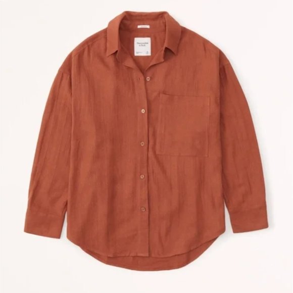 Abercrombie Oversized Linen-Blend Button-Up Shirt Paprika Rust Orange XXS - Picture 1 of 3